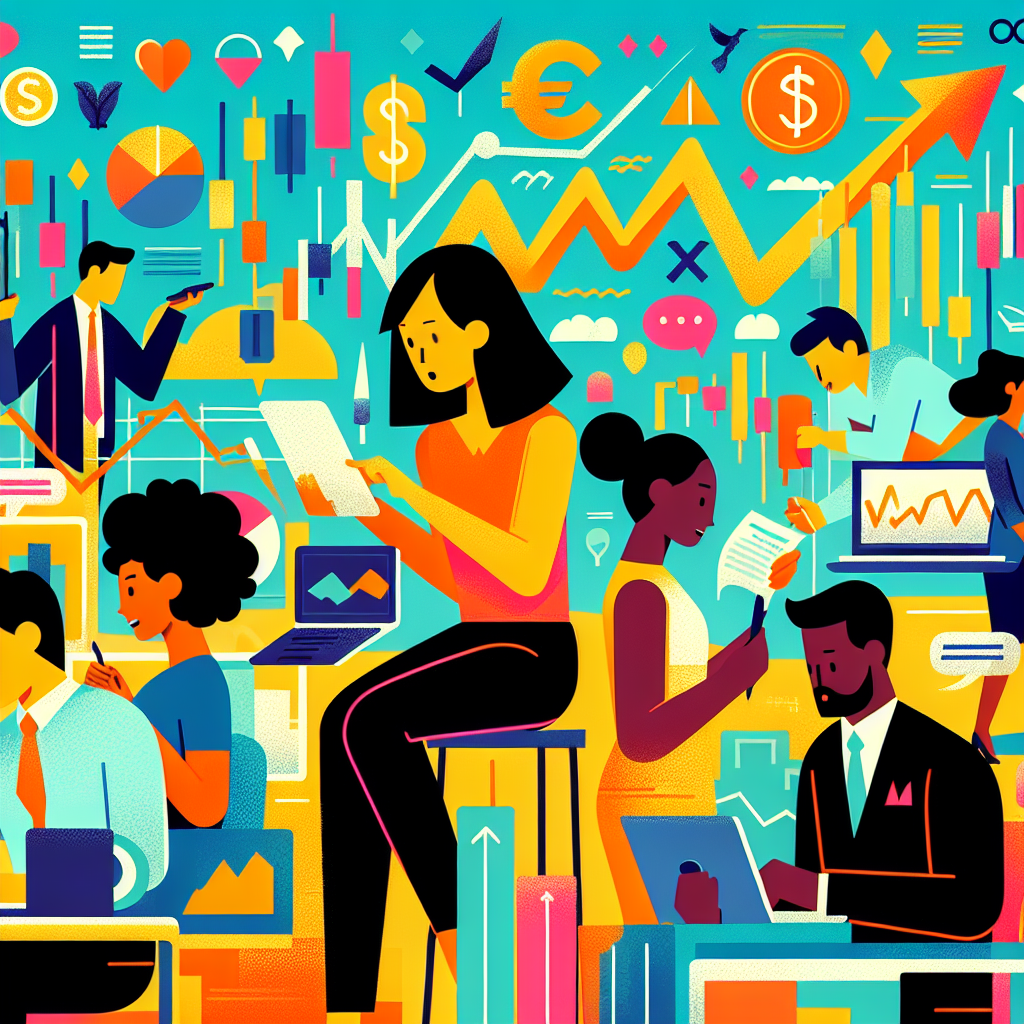 A vibrant and playful flat illustration showcasing advanced retail traders engaged in various trading activities with subtle financial motifs like charts, candlesticks, and currency symbols.