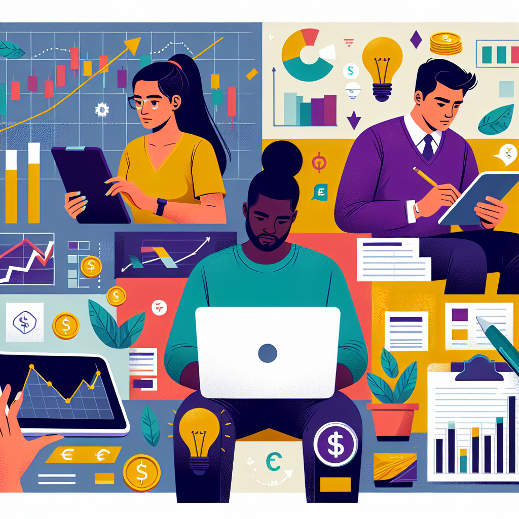 A vibrant and playful flat illustration depicting beginner CFD traders, featuring diverse individuals engaged in trading activities, surrounded by subtle financial motifs such as charts, graphs, and currency symbols.