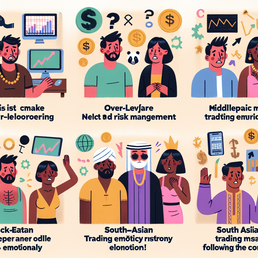 A colorful illustration depicting five common mistakes made by new CFD traders, featuring playful characters engaging in various trading scenarios, with subtle financial motifs like charts, currency symbols, and calculators integrated into the background.