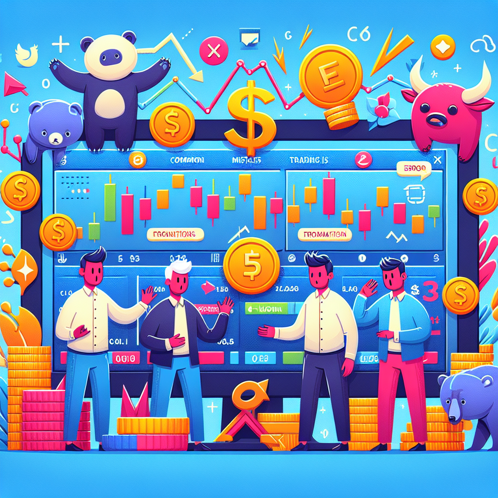 A playful flat illustration depicting five common mistakes in CFD trading, featuring cartoon-style characters engaging with financial tools and motifs in a vibrant and educational setting.