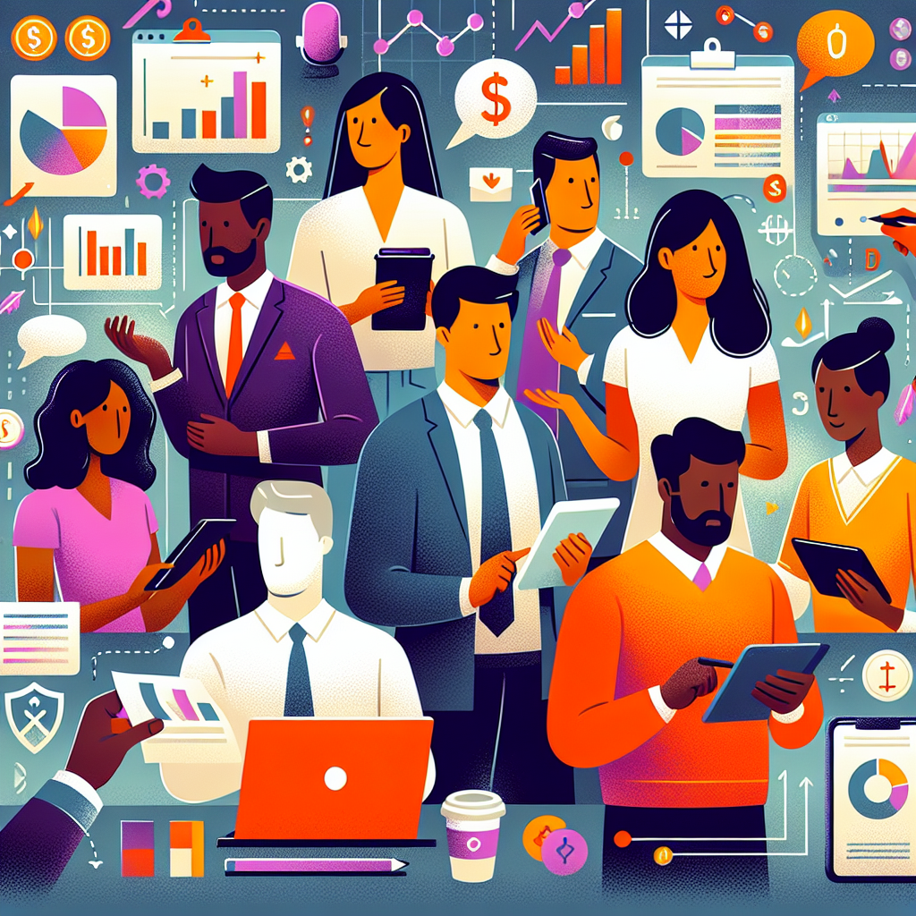 A playful flat illustration featuring a diverse group of traders discussing financial strategies, surrounded by subtle motifs like charts, graphs, and dollar signs.