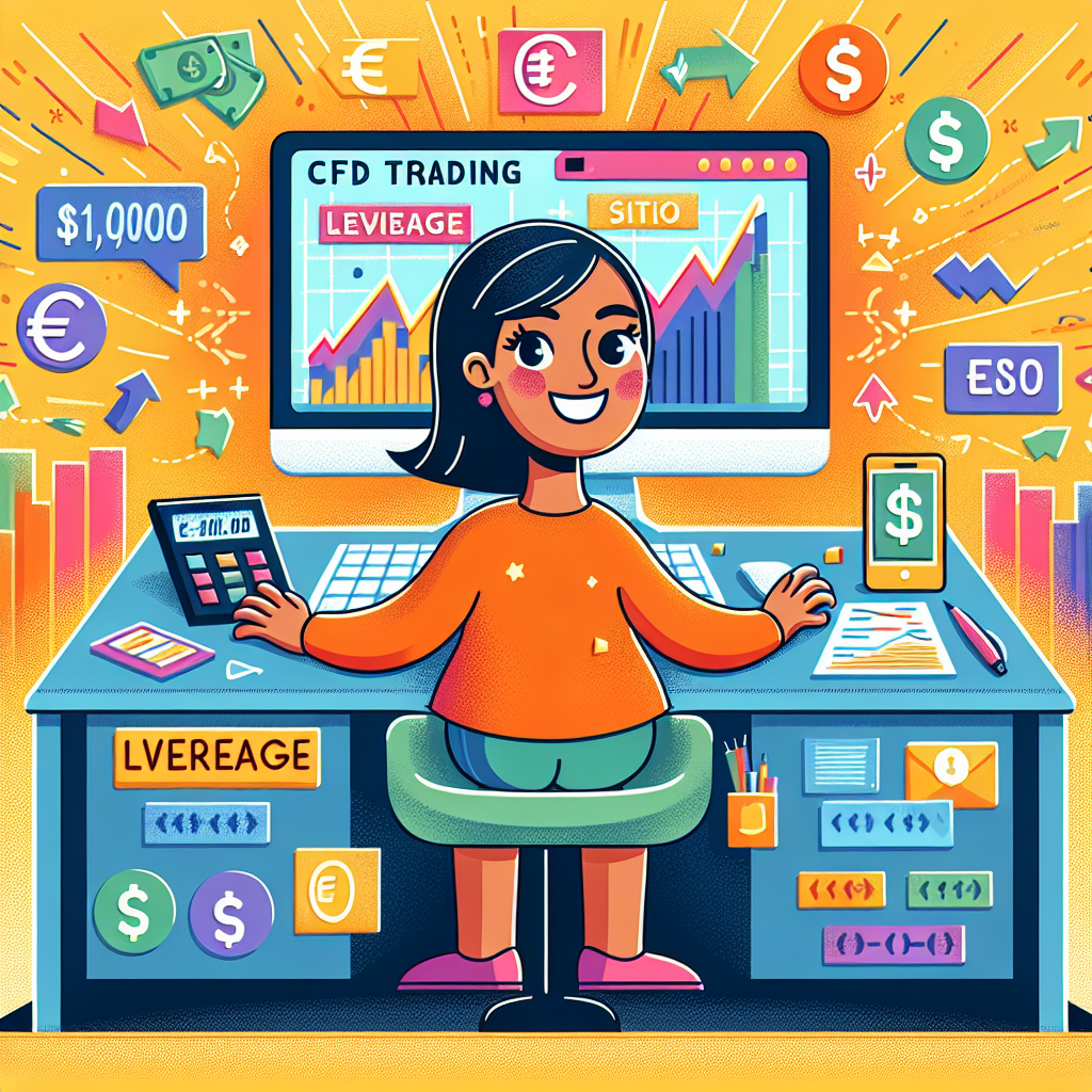 A playful flat illustration depicting a beginner exploring leverage in CFD trading, with financial motifs like charts, currency symbols, and a calculator surrounding them.