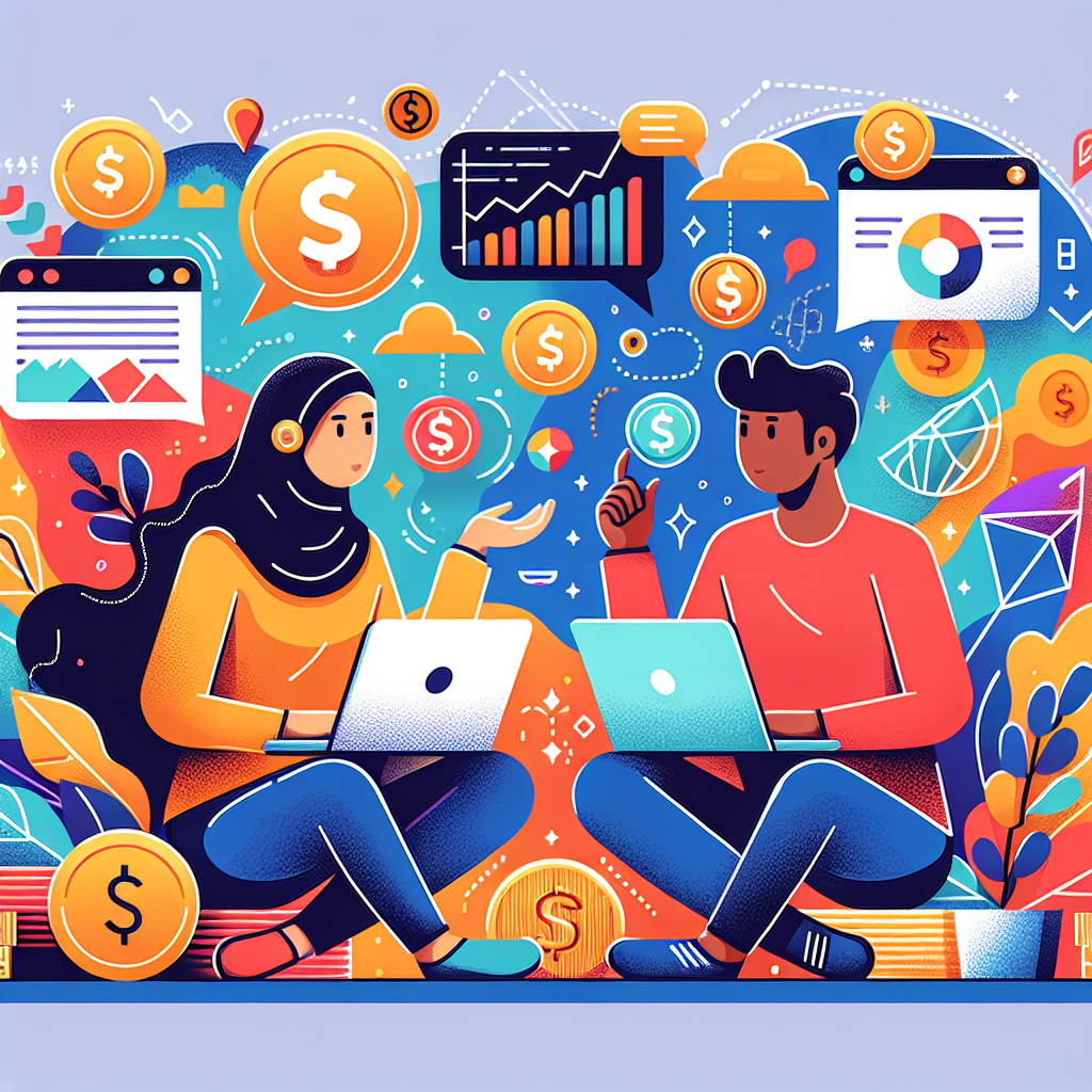 A playful flat illustration depicting a beginner's guide to stock CFDs, featuring people interacting with digital financial graphs, calculators, and charts, surrounded by subtle motifs like coins, dollar signs, and stock market ticker symbols.