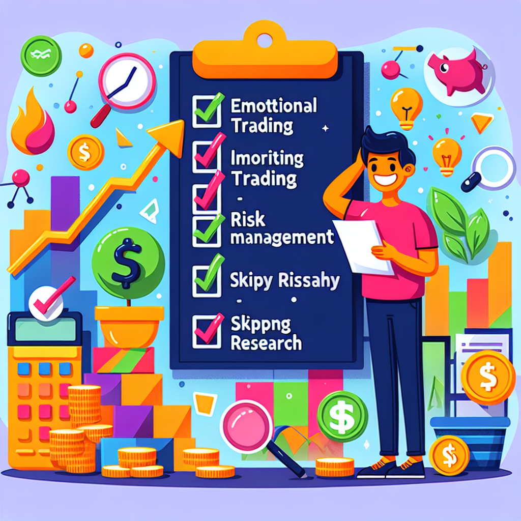 A vibrant flat illustration depicting a beginner trader surrounded by a playful checklist of common CFD mistakes, with whimsical financial symbols like graphs, coins, and calculators integrated into the background.