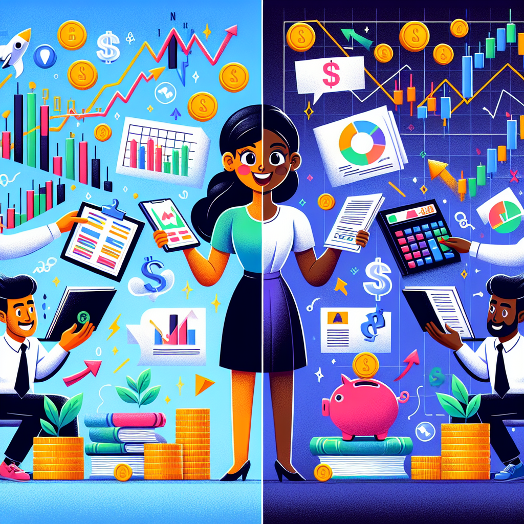 A playful flat illustration contrasting CFDs and traditional investing with financial motifs such as stock charts, coins, and playful characters engaging with each investment method.