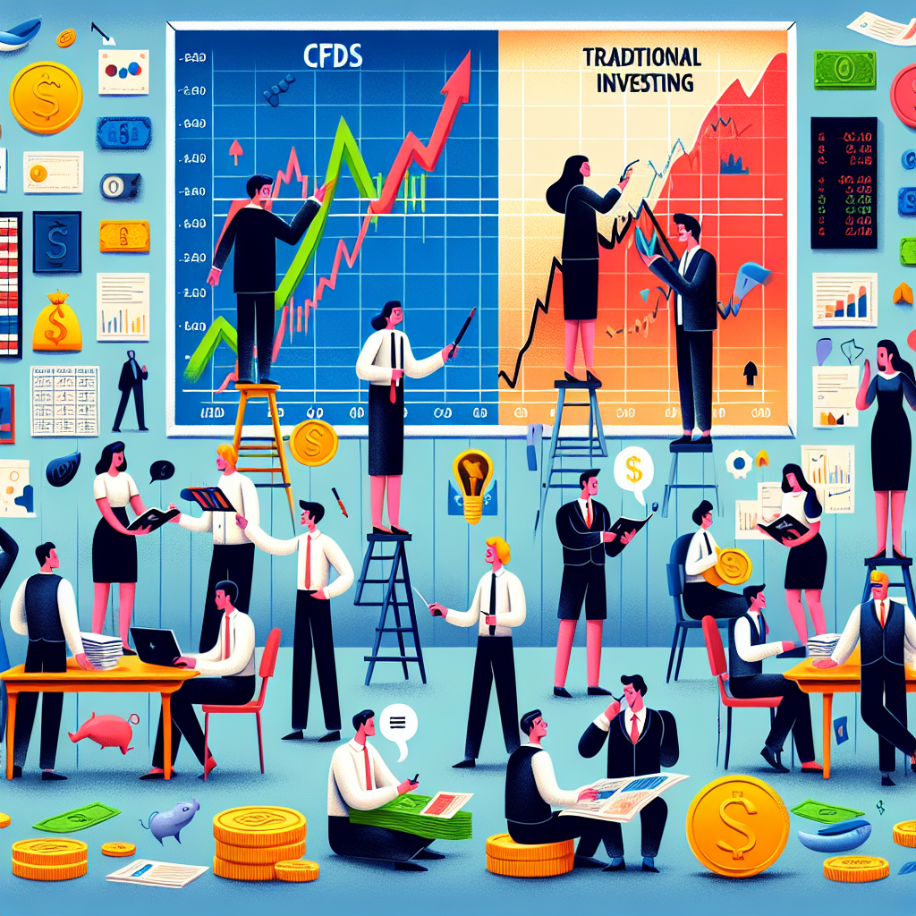 A colorful, playful flat illustration contrasting CFDs and traditional investing, featuring whimsical characters analyzing financial graphs and instruments, set against a backdrop with subtle motifs of stocks, currencies, and calculators.