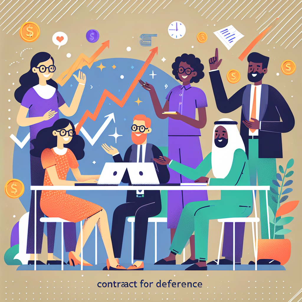 An engaging illustration showing a diverse group of people sitting around a table with charts and laptops, discussing CFD strategies, surrounded by playful financial motifs like coins, graphs, and upward arrows.