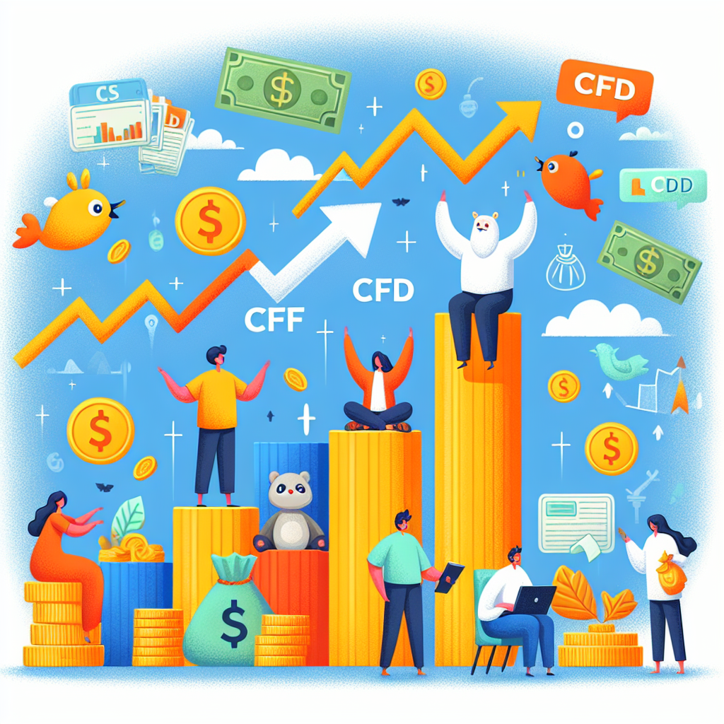 A playful flat illustration comparing CFDs and traditional investing, featuring whimsical characters engaging with financial symbols like graphs, coins, and stocks in a lighthearted manner.