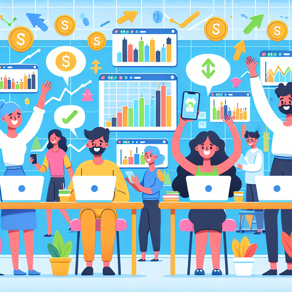 A vibrant and playful flat illustration depicting beginner day traders navigating the world of CFDs, surrounded by friendly financial motifs like candlestick charts, dollar signs, and trading symbols, all set against a light, inviting background.