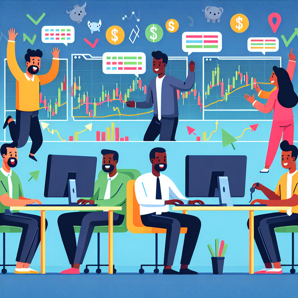 A colorful and playful flat illustration depicting a dynamic scene of beginner day traders engaging with charts, graphs, and computers, with subtle financial motifs like dollar signs and candlestick patterns in the background, all set in an energetic trading environment.