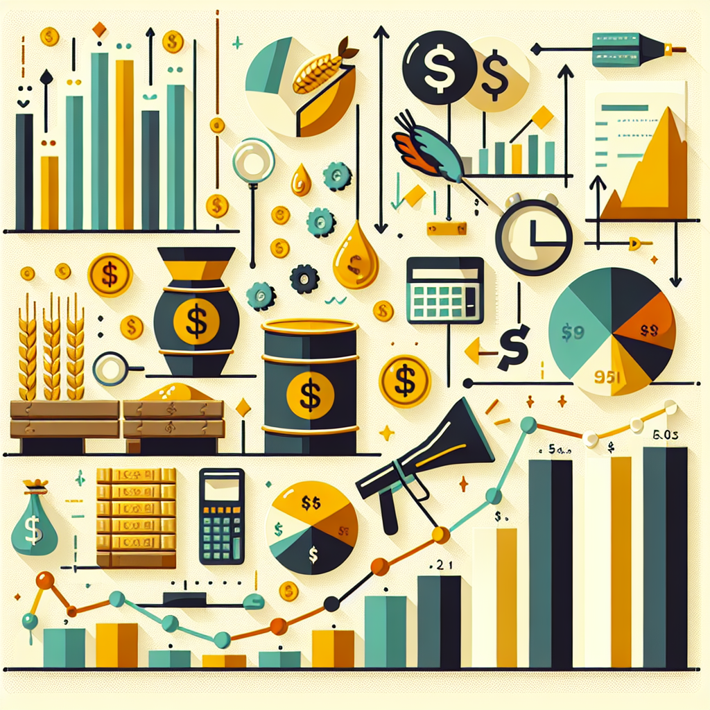 A colorful and playful flat illustration depicting various commodities such as gold, oil, and grains, alongside CFDs (Contracts for Difference) symbols and graph lines, capturing the essence of financial diversification in a friendly and engaging style.