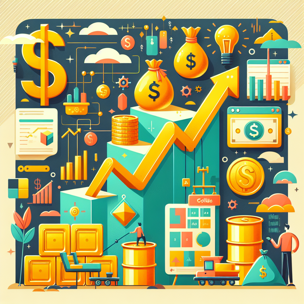 A playful flat illustration depicting a beginner trader exploring commodities like gold and oil, featuring whimsical icons of gold bars, oil barrels, and decorative financial motifs.