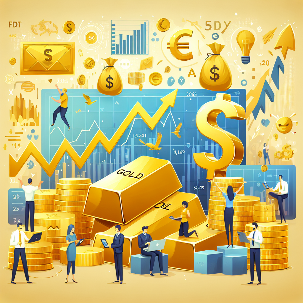 A playful flat illustration depicting various commodities like gold and oil, featuring confident traders analyzing charts and graphs, with subtle financial motifs such as currency symbols and upward arrows in the background.