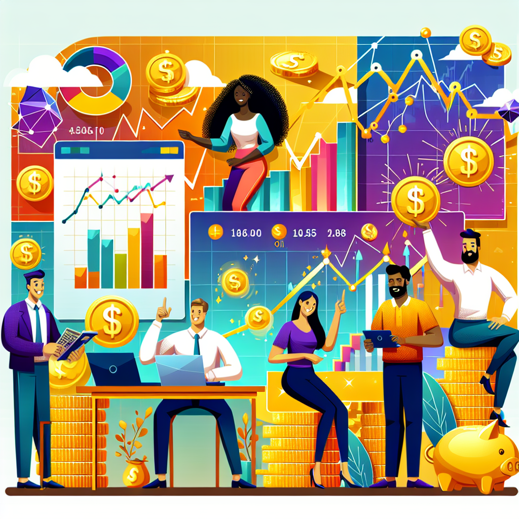 A vibrant flat illustration depicting a playful scene of traders analyzing charts and graphs related to commodities like oil and gold, surrounded by subtle financial motifs such as coins, dollar signs, and abstract representations of market trends.