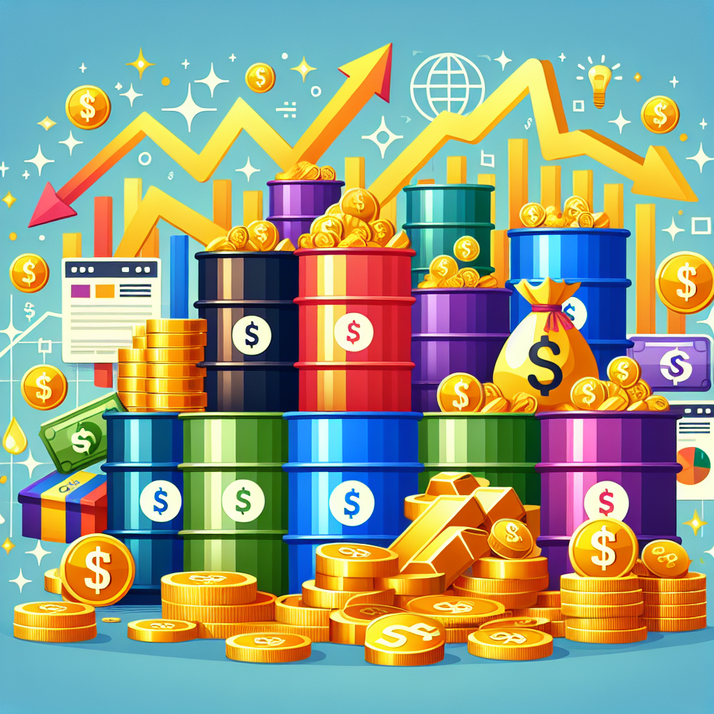 A vibrant and playful flat illustration depicting various commodities like oil barrels and gold bars, surrounded by whimsical financial motifs such as dollar signs, charts, and trading graphs, creating a lively atmosphere for a blog post about Commodity CFDs trade.