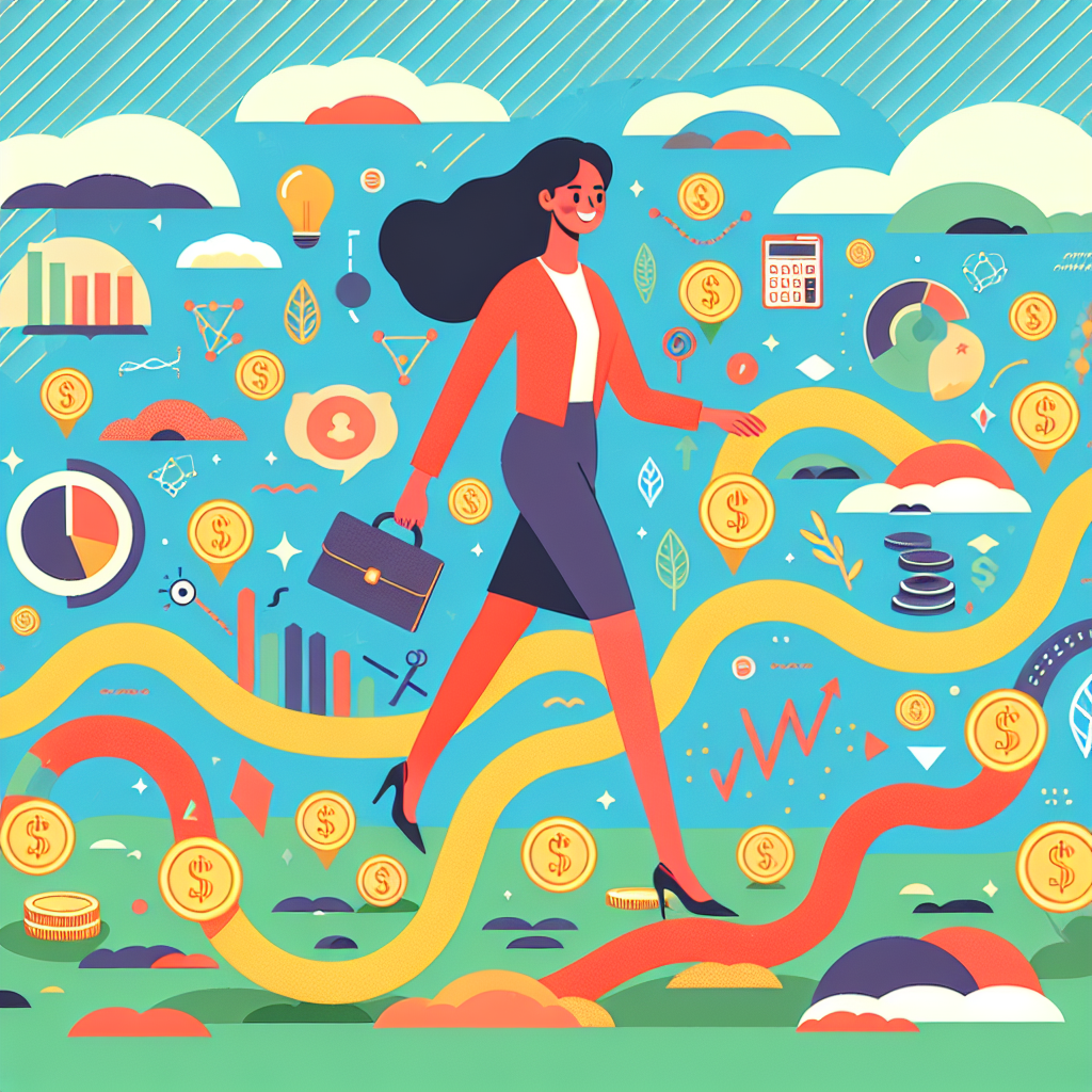 A colorful and playful flat illustration depicting a person navigating a path lined with financial icons, such as charts, scales, and currency symbols, amidst a whimsical trading environment.