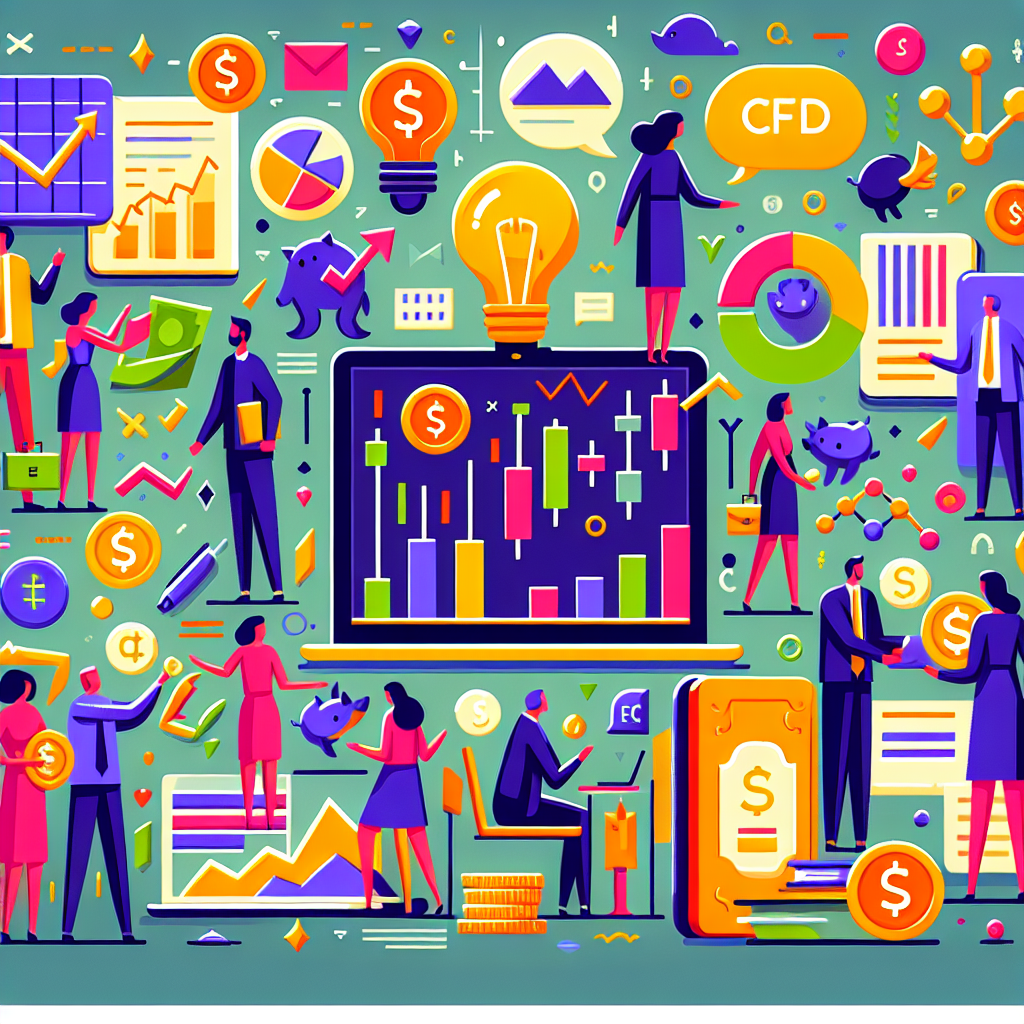 A vibrant and playful flat illustration depicting a beginner learning about CFD trading, featuring whimsical elements like graphs, currency symbols, and playful characters engaged in learning.