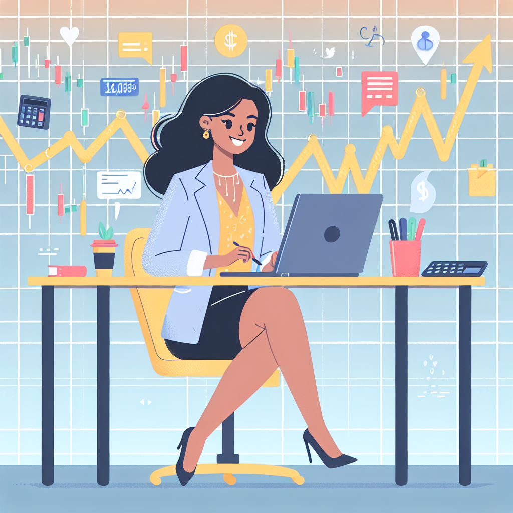 A playful flat illustration depicting an enthusiastic trader utilizing advanced strategies for trading stock CFDs, surrounded by subtle financial motifs like charts, calculators, and currency symbols.