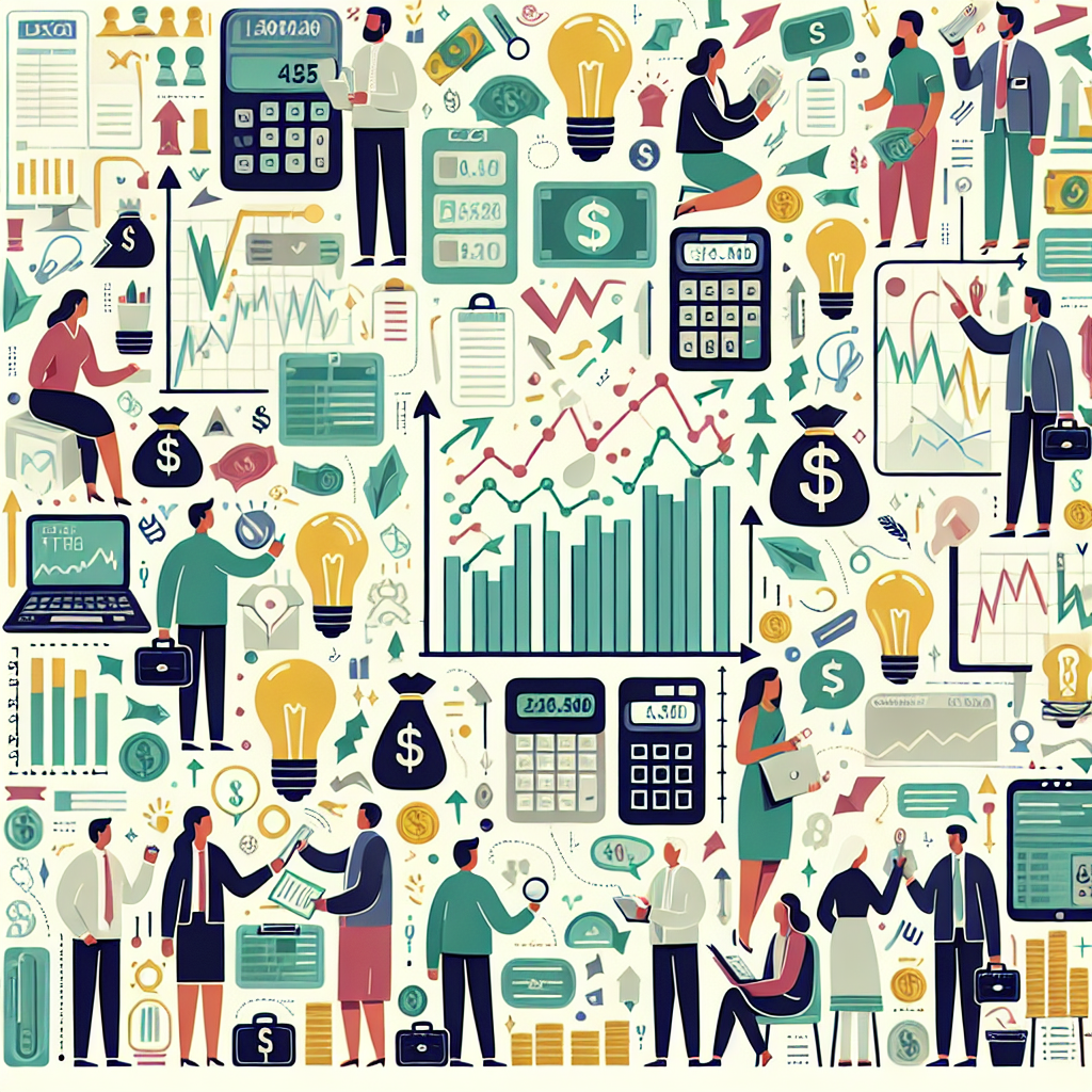 A playful flat illustration depicting various risk management strategies for trading CFDs. The scene features a diverse group of traders analyzing charts, managing their capital with tools like protective stop-loss orders, and utilizing calculators, all while surrounded by whimsical financial motifs like money bags, upward and downward arrows, and lightbulbs representing ideas.