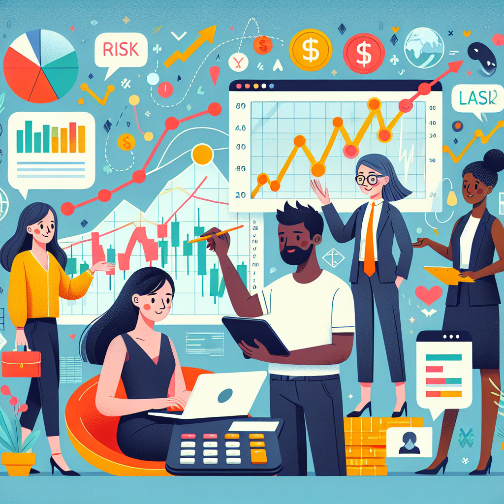 A playful flat illustration depicting a diverse group of individuals engaged in various risk mitigation strategies for CFD investments, surrounded by subtle financial motifs like charts, graphs, and currency symbols.