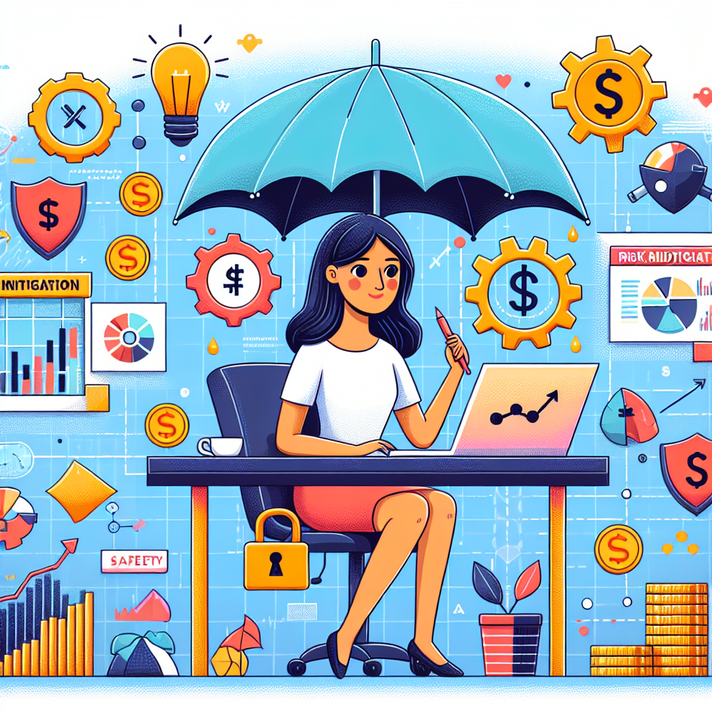 A playful flat illustration depicting various risk mitigation strategies for CFD traders, featuring subtle financial motifs such as charts, currency symbols, and safety nets.