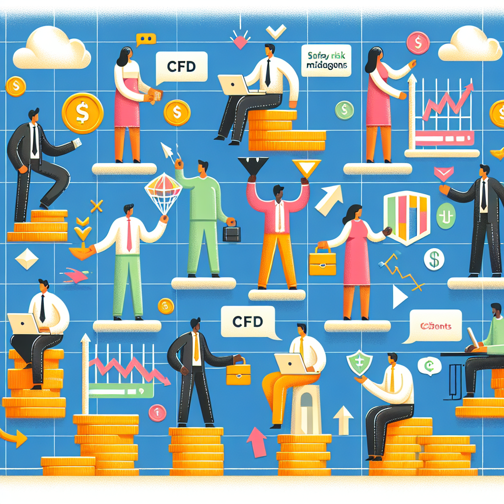 A whimsical illustration depicting a diverse group of traders using various risk mitigation strategies with playful elements like charts, safety nets, and financial symbols.