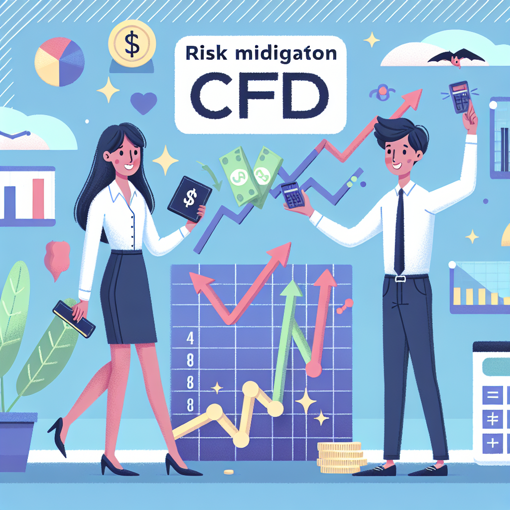 A playful flat illustration depicting various risk mitigation strategies for CFD trading, featuring characters in professional attire engaging in financial activities, surrounded by subtle motifs like charts, graphs, and dollar signs.