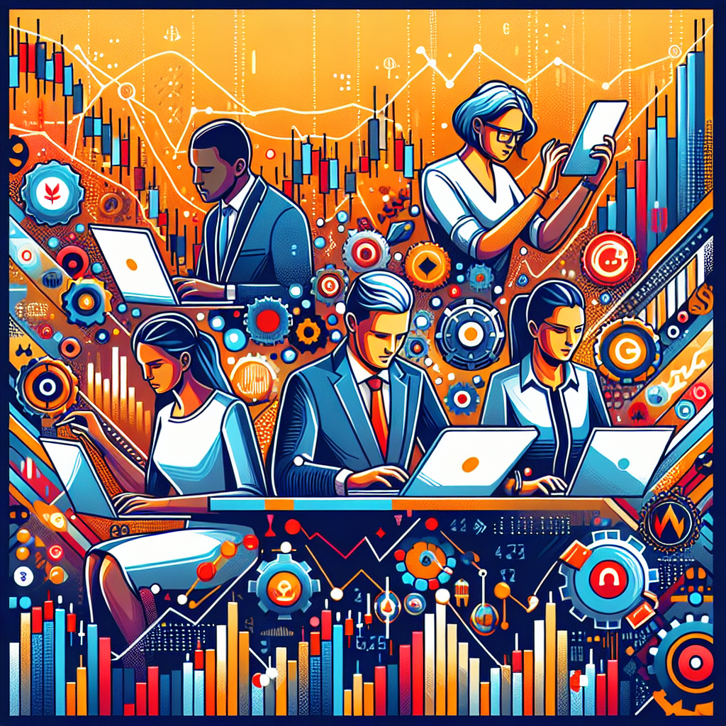 A playful flat illustration featuring a diverse group of traders analyzing charts and graphs on laptops, with subtle financial motifs like candlestick patterns, currency symbols, and gears in the background, depicting the essence of technical analysis in CFD trading.