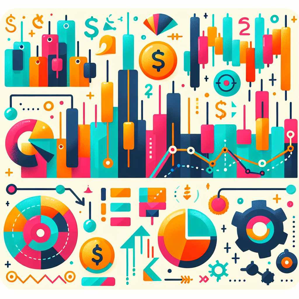 A colorful and playful flat illustration depicting five key indicators for CFD trading, featuring whimsical charts, arrows, and abstract financial symbols in a light-hearted style.