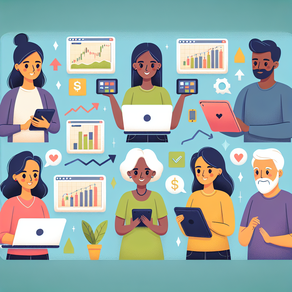 A playful flat illustration depicting a group of diverse beginners exploring user-friendly CFD trading platforms, surrounded by subtle financial motifs like charts, graphs, and dollar signs in a vibrant color palette.