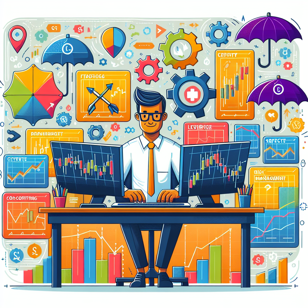 A playful flat illustration depicting a professional trader analyzing CFD trading charts with various financial motifs, including gears and arrows symbolizing leverage, surrounded by symbols of risk management like umbrellas and safety nets.