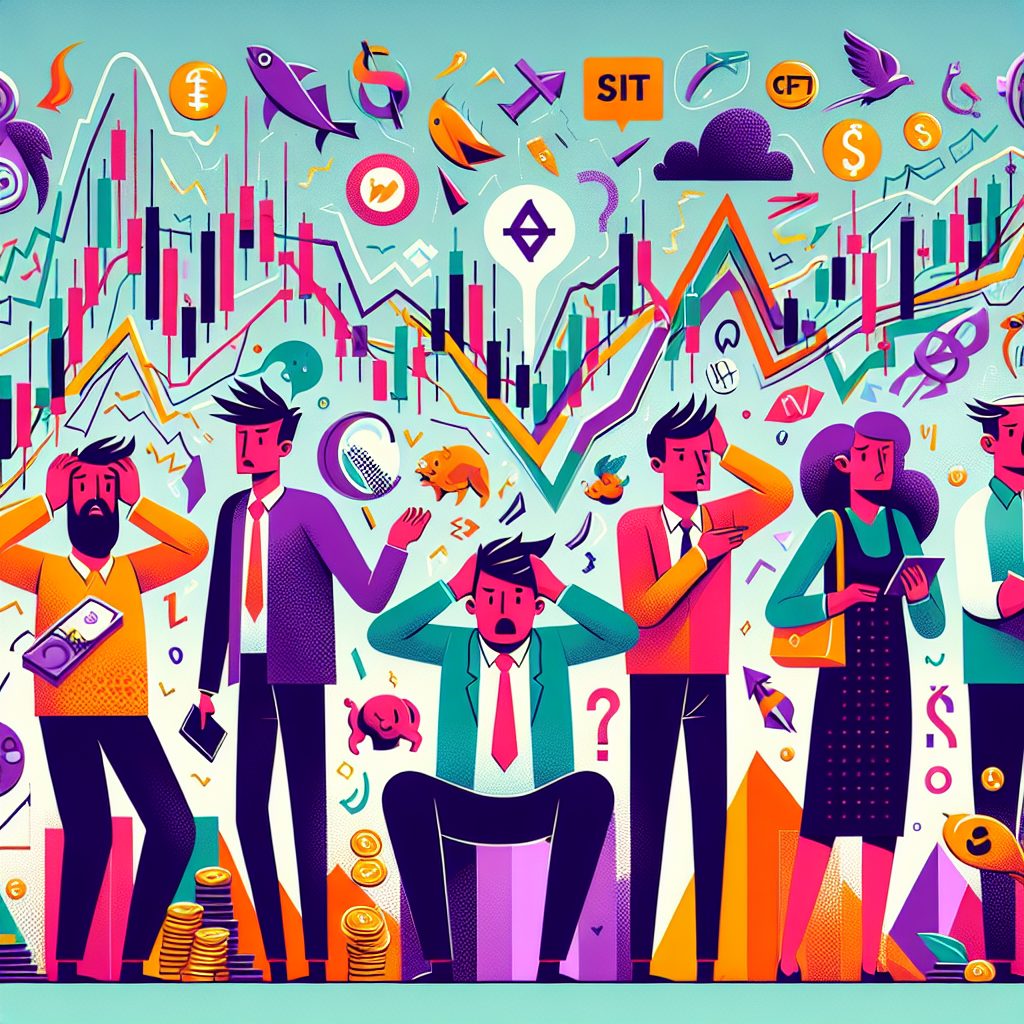 A colorful and playful flat illustration depicting common mistakes made by new CFD traders, featuring cartoonish characters engaging in trading mishaps with subtle financial motifs like charts, coins, and graphs in the background.