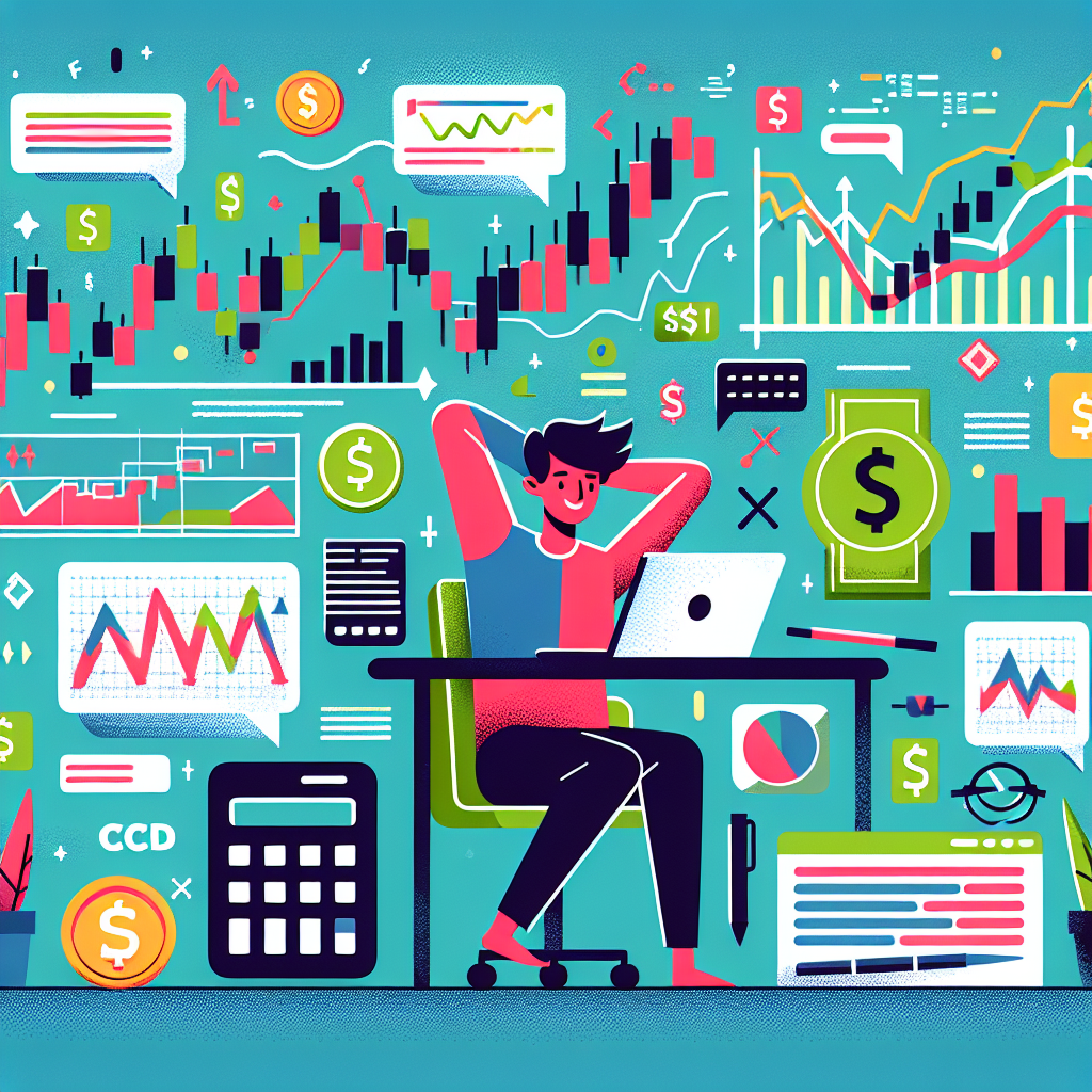 A colorful and playful flat illustration depicting a person analyzing charts with financial data, surrounded by cheerful motifs like graphs, candlestick patterns, and playful dollar signs, symbolizing concepts of technical analysis in CFD trading.